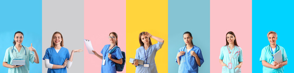 Wall Mural - Collage of female medical assistants on color background