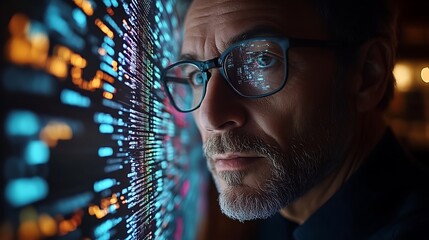 Focused man analyzing digital data wall