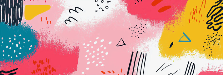 Poster - colorful abstract painting with a lot of different shapes and lines. The painting is full of bright colors and has a lot of texture