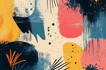 Poster - colorful abstract painting with splatters of paint and brush strokes. The painting is full of different colors and shapes, creating a sense of movement and energy