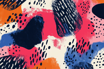 Poster - colorful abstract painting with splatters of paint and dots. The painting is full of energy and movement, with a sense of chaos and freedom. The colors are bright and bold