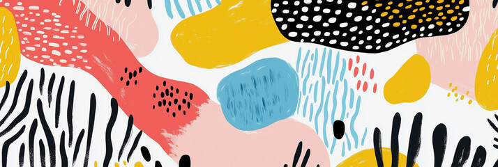 Poster - colorful abstract painting with a lot of dots and lines. The painting is full of different colors and shapes, and it looks like a mix of different styles. The mood of the painting is playful