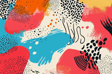 Poster -  colorful abstract painting with a lot of dots and splatters. The painting is full of different colors and textures, creating a sense of chaos and energy. The overall mood of the painting is vibrant