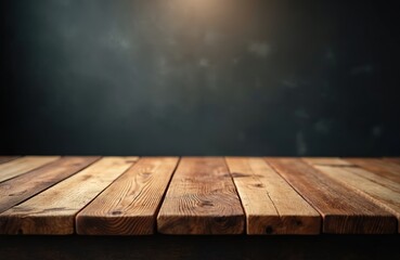 Wall Mural - Rustic wooden table with blurred dark background. Brown wood planks texture. Empty space for product display template. Tabletop surface for vintage rustic home design.