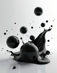 Poster - abstract composition with black liquid spheres on white background. glossy bubbles float, dynamic fl
