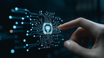 Poster - Cybersecurity Access: A digital hand interacts with an illuminated circuit board, centered with a shield icon, symbolizing secure access and protection against cyber threats. 