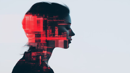 Poster - brain and network fusion: a compelling composite image showcasing a woman's silhouette infused with 