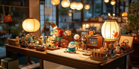 a collection of unique vintage toys and ornaments displayed on a wooden table under warm light lamps in a shop