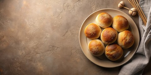 A plate of freshly baked, golden-brown buns, sprinkled with seeds, rests on a textured surface, accompanied by rustic decor