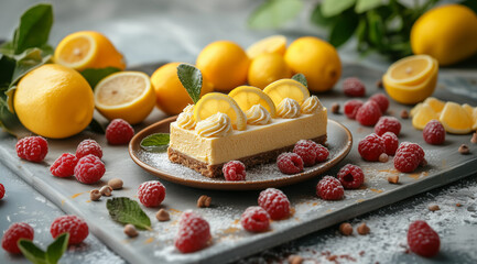 Wall Mural - Piece of lemon cheesecake, lemons and raspberries on a light background, created with Generative AI technology