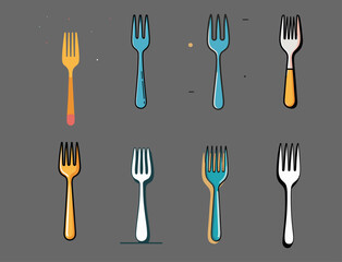Poster - Icons sets collection of colorful stylized forks arranged in a grid on a gray background, each featuring different designs and colors, showcasing a playful and artistic theme
