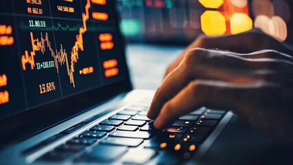 Poster - closeup of hands typing on laptop while analyzing stock market data in a busy workspace, closeup of 