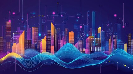 Poster - Vibrant Abstract City Skyline with Colorful Waves and Digital Elements