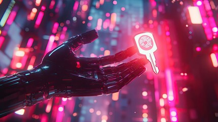 Poster - Futuristic Hand Holding Digital Key in Neon Cyberpunk Cityscape