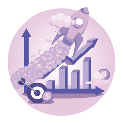 Poster - financial growth with rocket, monetary and graph elements.