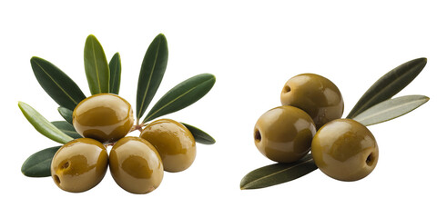 Set of green olives with leaves