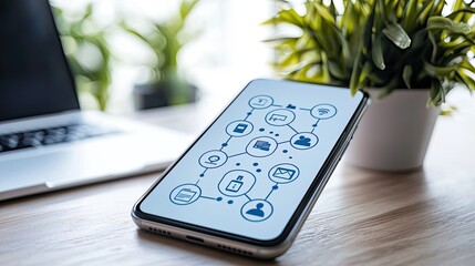 Poster - Smartphone with Digital Icons on Screen Next to Plant and Laptop