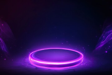 Wall Mural - Glowing purple neon circle on dark background with smoky effect, ideal for product display or presentation.