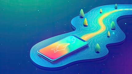 Poster - Abstract design of smartphone on colorful path through digital landscape