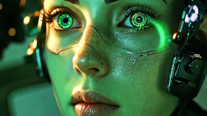 Poster - Cinematic portrait of a female cyborg with green eyes immersed in technology, Female cyborg cinematic close green portrait