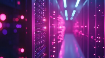 Poster - data center server room, glowing lights, network, technology, security, digital, infrastructure, pin