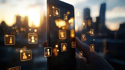 Poster - Hand Holding Smartphone with Social Media Icons at Sunset View