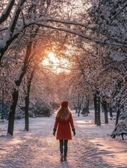 Sticker - Woman walking on snow-covered path