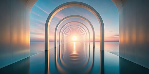 Wall Mural - Serene Sunset Vista Through Architectural Arcades Reflecting in Calm Water