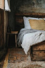 Poster - Bed with wooden headboard and pillows