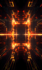 Poster - Futuristic Technology Tunnel with Glowing Orange Lines and Geometric Patterns