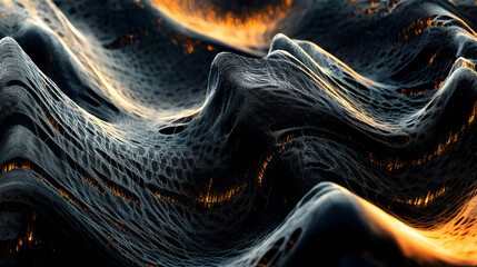 Abstract Landscape, Complex Surface with Glowing Elements and Intricate Mesh Detail