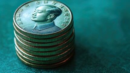 Poster - Stacked Coins with Portrait on Green Background for Financial Imagery