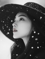Wall Mural - woman in black hat in snow