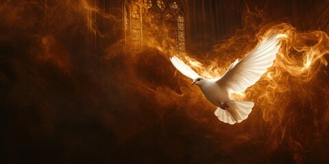 Wall Mural - white dove flying through dark sky