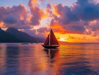 Wall Mural - Sailboat Sailing in Ocean at Sunset