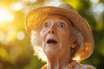surprised senior woman wearing straw hat opening mouth and looking up in amazement