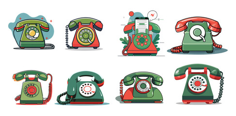 Poster - Icons sets collection of vintage rotary dial telephones in various colors and designs, each with unique decorative elements, showcasing a nostalgic and playful theme