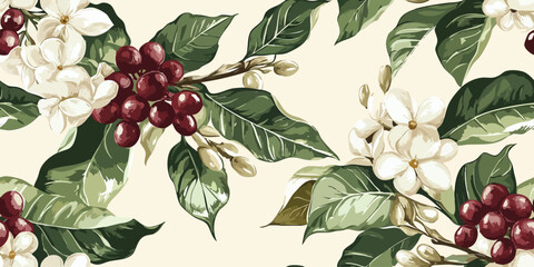 Coffee plant with green leaves and red ripe coffee fruits, with flowers. Watercolor pattern on a beige background. Suitable for shop, cafe, postcards, packaging design