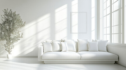 Wall Mural - A white living room with a sofa and a window. Minimalist interior design of a modern hom