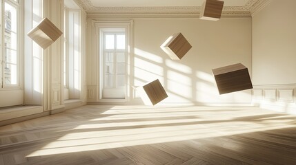 Poster - Wooden cubes floating in a sunlit empty room with shadows