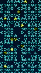 Poster - Blue glowing emoji icons matrix on a grid. Texture animation, vertical composition. Funny motion graphic.