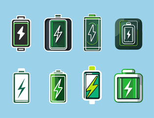 Poster - Icons sets collection of different battery icons with varying designs and charge levels, each featuring a lightning bolt symbol, set against a light blue background