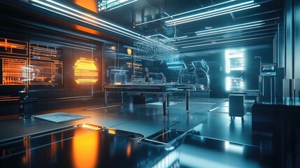 Poster - Futuristic Laboratory Interior with Neon Accents and High-Tech Equipment