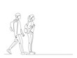 © tri - Continuous line art drawing of young man and woman from college or university with backpack. Students walking with schoolbag line art drawing vector illustration. Editable stroke.