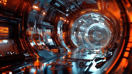 Poster - Futuristic Neon Corridor with Glowing Details and High-Tech Design