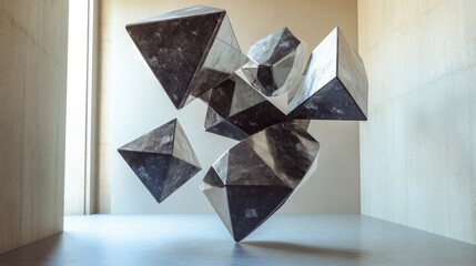 Poster - Geometric Shapes in Abstract Space with Floating Forms and Light