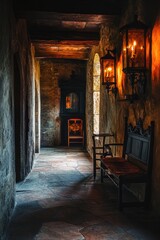 Canvas Print - Cozy Hallway with Bench and Fireplace