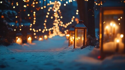 Wall Mural - Snow-covered ground with lanterns