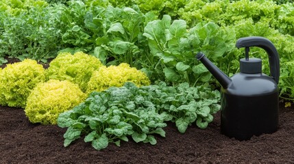 Wall Mural - A lush garden scene featuring vibrant green vegetables and a black watering can, showcasing healthy growth and gardening essentials.