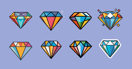 Poster - Sets icon collection of eight colorful, stylized diamond illustrations with various geometric patterns and color schemes on a light purple background